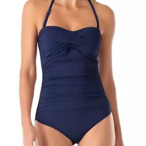 NWT Anne Cole Twist-Front Ruched One-Piece Swimsuit Navy Size 12